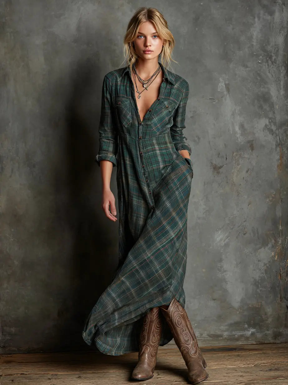 Women’s Plaid Shirt Maxi Dress – Lapel Collar Single Button Relaxed Elegant Cotton Blend Dress