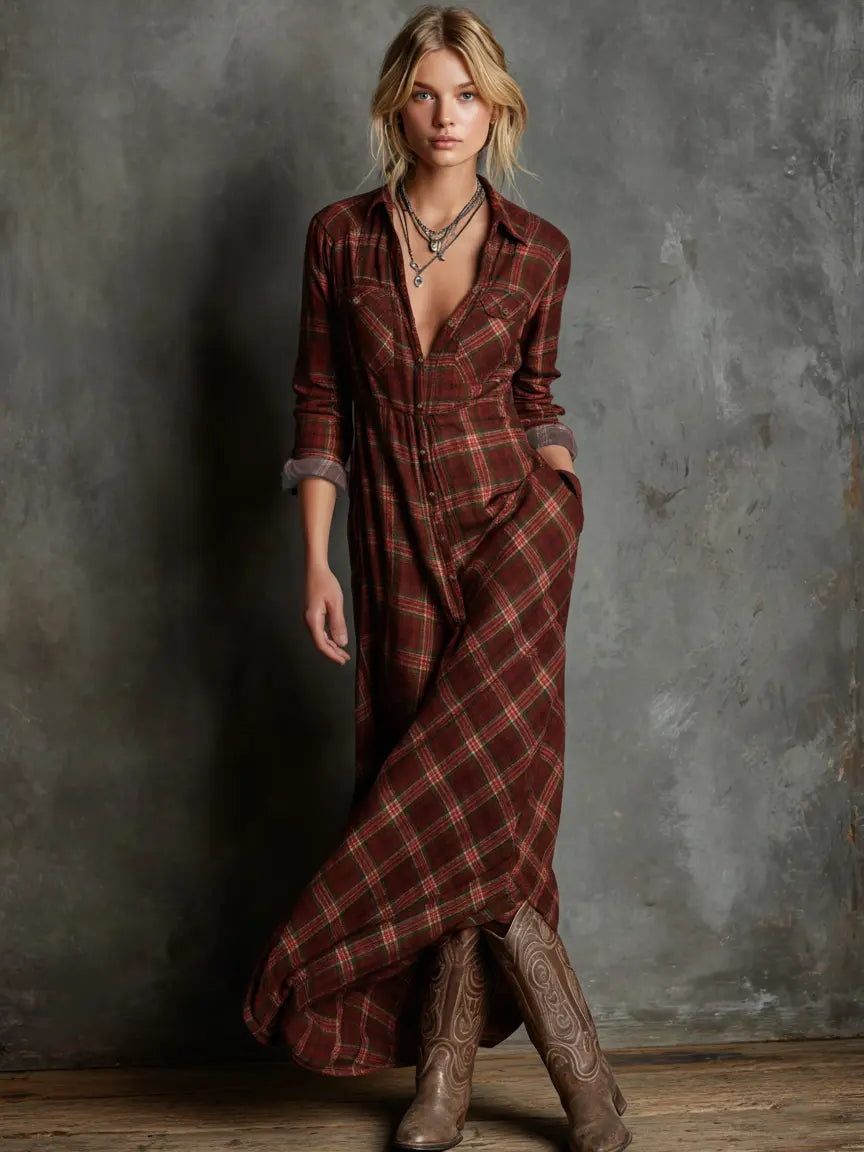 Women’s Plaid Shirt Maxi Dress – Lapel Collar Single Button Relaxed Elegant Cotton Blend Dress