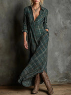 Women’s Plaid Shirt Maxi Dress – Lapel Collar Single Button Relaxed Elegant Cotton Blend Dress
