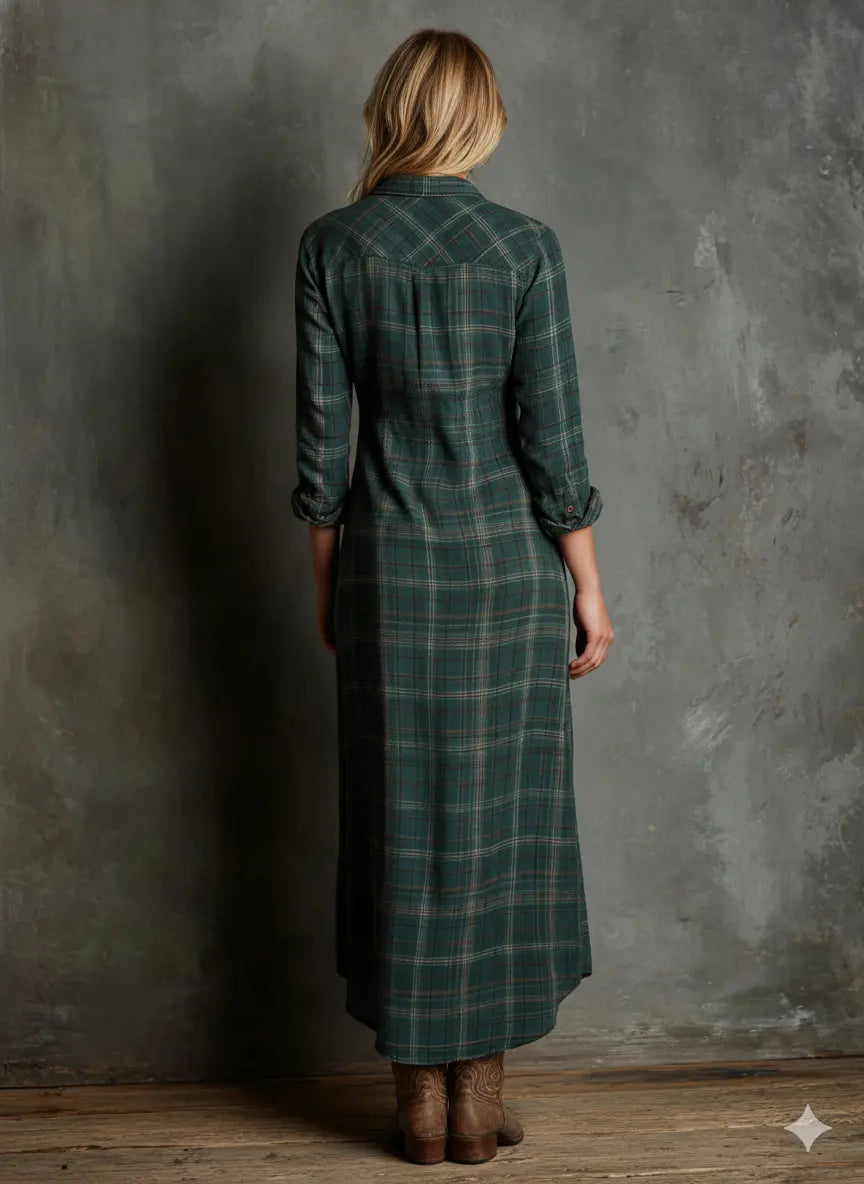 Women’s Plaid Shirt Maxi Dress – Lapel Collar Single Button Relaxed Elegant Cotton Blend Dress
