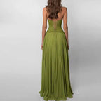 Women’s Corset Bodice Pleated Maxi Dress – Strappy Open Back Elegant A-Line Evening Dress