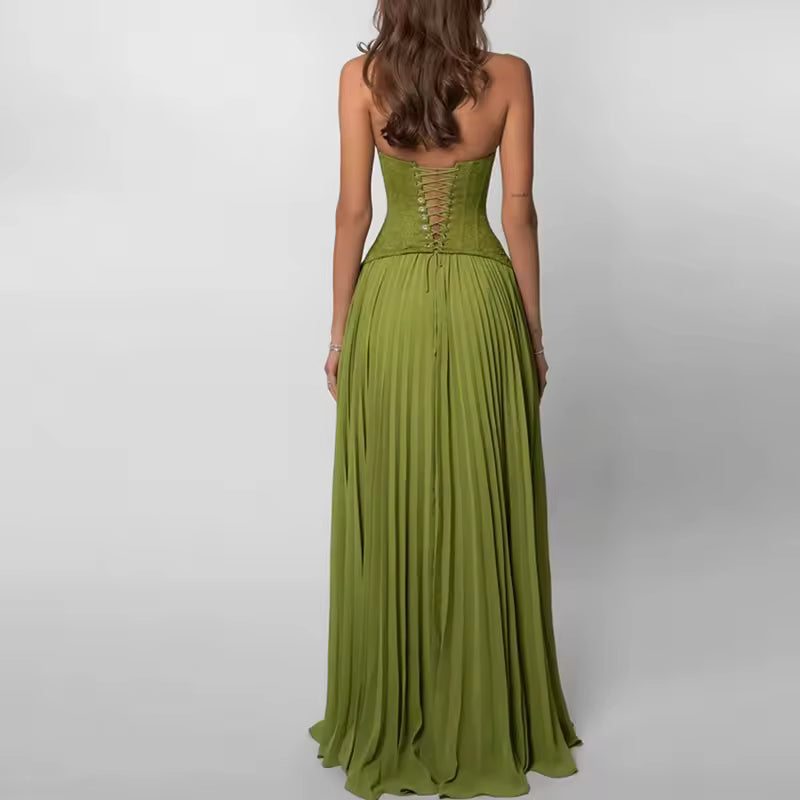 Women’s Corset Bodice Pleated Maxi Dress – Strappy Open Back Elegant A-Line Evening Dress