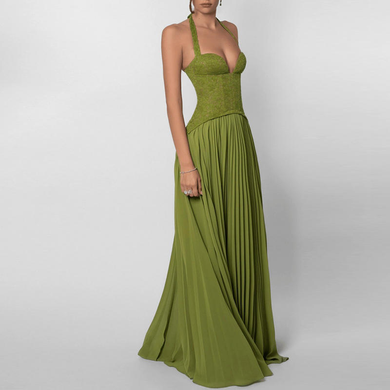 Women’s Corset Bodice Pleated Maxi Dress – Strappy Open Back Elegant A-Line Evening Dress