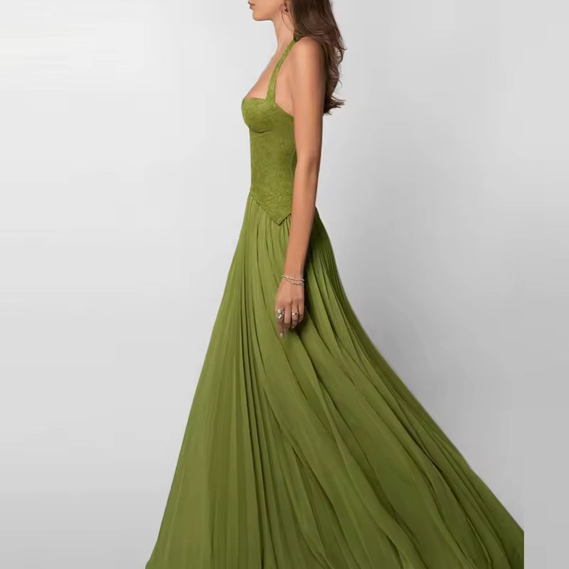 Women’s Corset Bodice Pleated Maxi Dress – Strappy Open Back Elegant A-Line Evening Dress