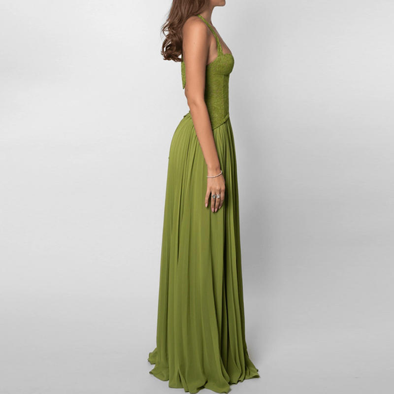 Women’s Corset Bodice Pleated Maxi Dress – Strappy Open Back Elegant A-Line Evening Dress