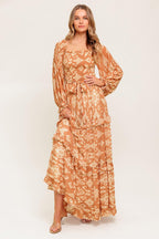 Women’s Off-Shoulder Smocked Bodice Printed Maxi Dress with Tiered Ruffle Skirt