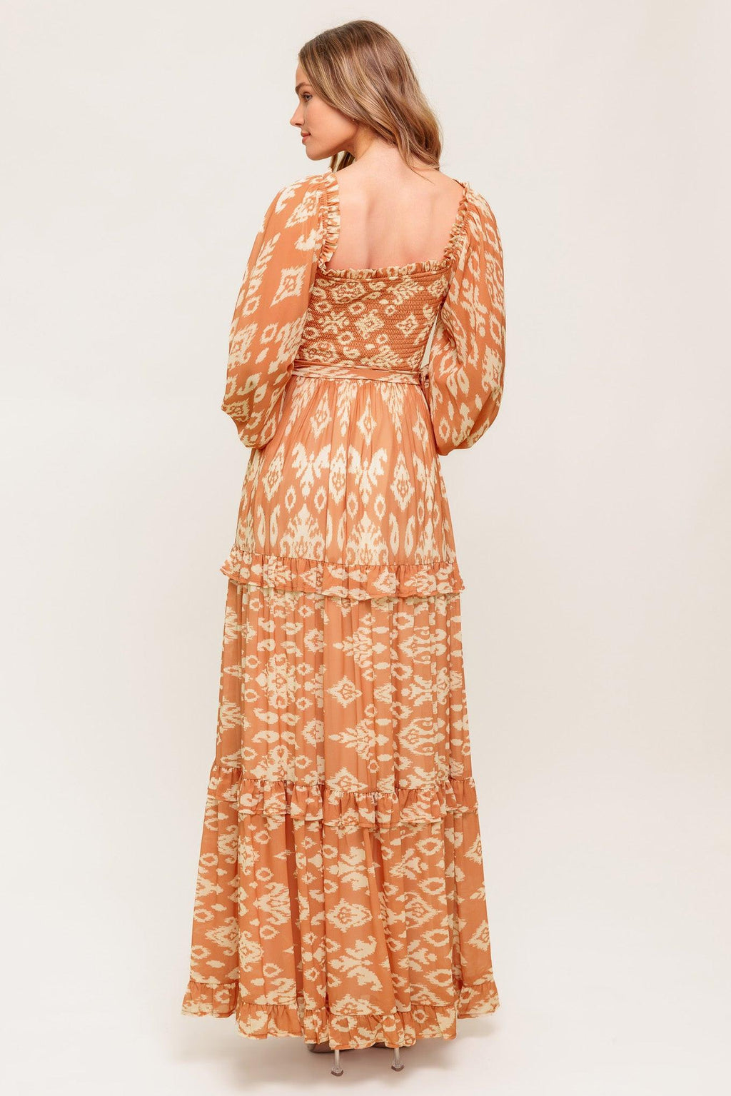 Women’s Off-Shoulder Smocked Bodice Printed Maxi Dress with Tiered Ruffle Skirt