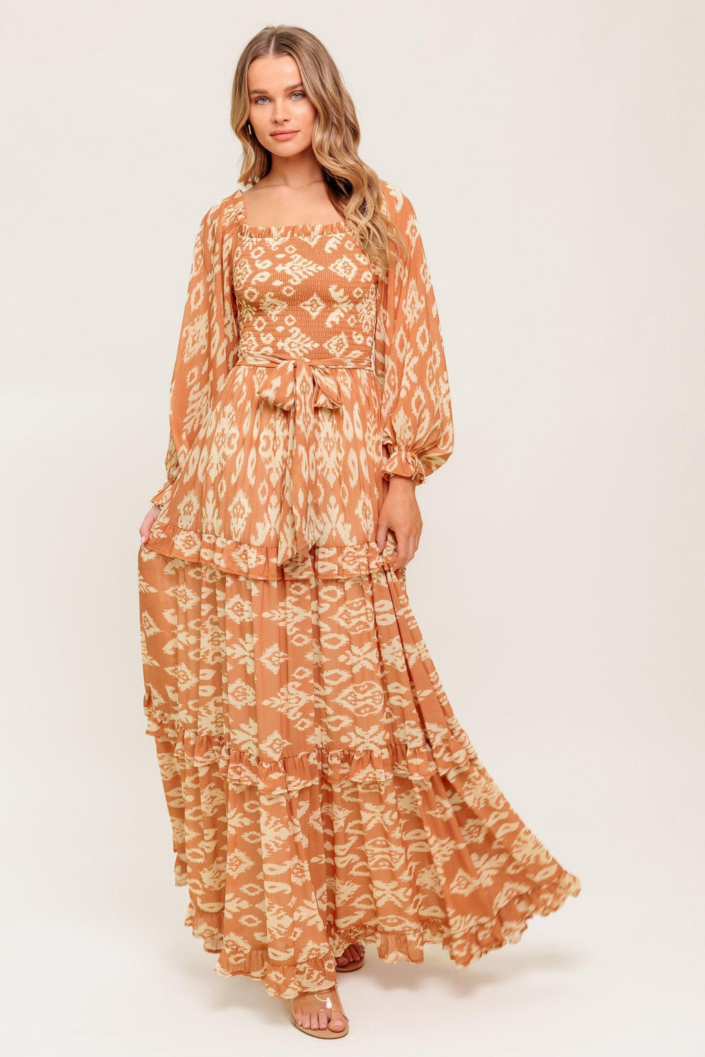 Women’s Off-Shoulder Smocked Bodice Printed Maxi Dress with Tiered Ruffle Skirt