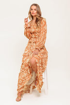 Women’s Off-Shoulder Smocked Bodice Printed Maxi Dress with Tiered Ruffle Skirt