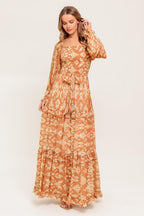 Women’s Off-Shoulder Smocked Bodice Printed Maxi Dress with Tiered Ruffle Skirt