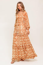 Women’s Off-Shoulder Smocked Bodice Printed Maxi Dress with Tiered Ruffle Skirt