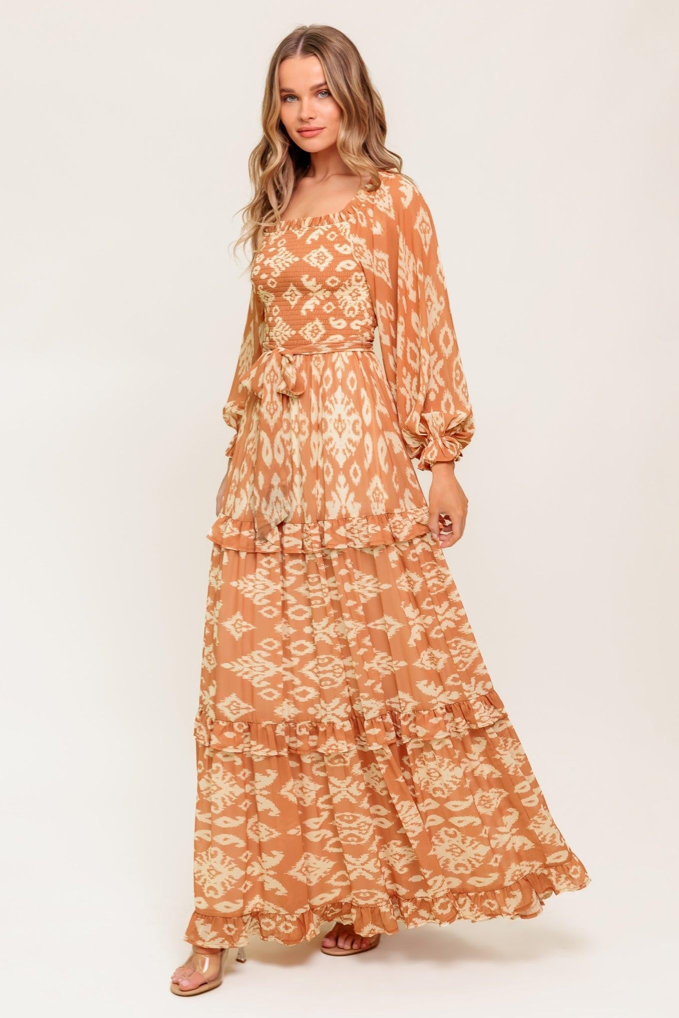 Women’s Off-Shoulder Smocked Bodice Printed Maxi Dress with Tiered Ruffle Skirt