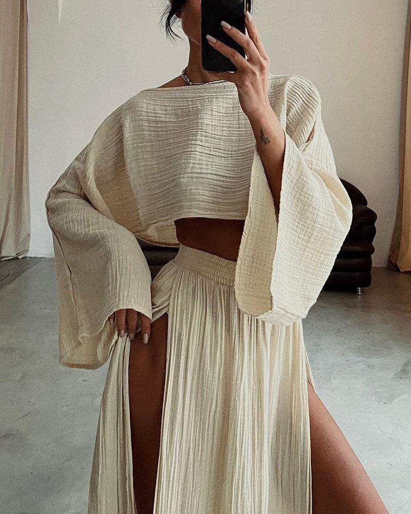 Women’s Cotton Linen Two-Piece Set – Chic Slit Detail Co-Ord Outfit, Casual Relaxed Matching Set for Everyday Elegance