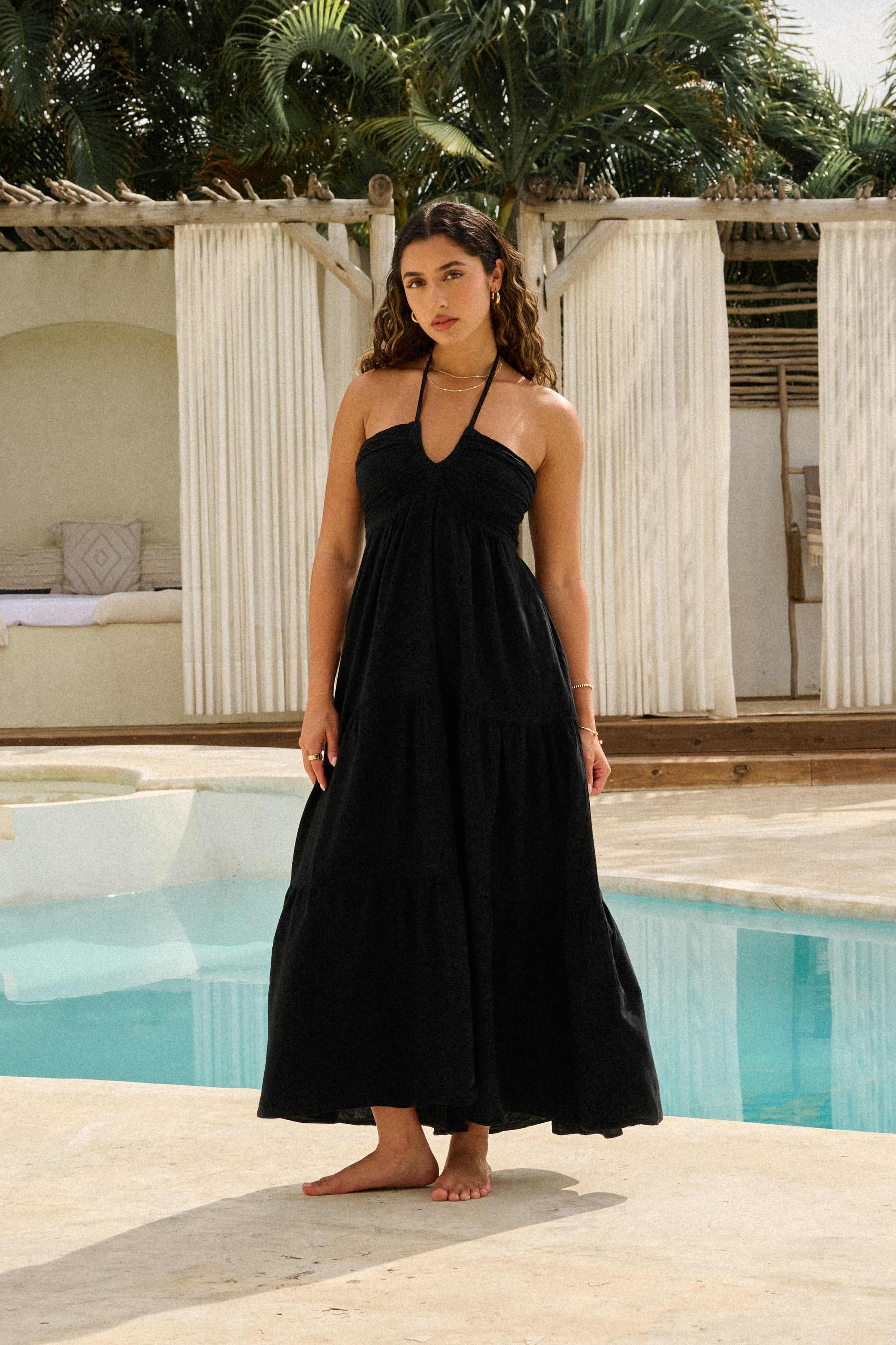 Halter Neck Ruched Bust Tiered Maxi Dress in Jet Black
