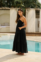 Halter Neck Ruched Bust Tiered Maxi Dress in Jet Black