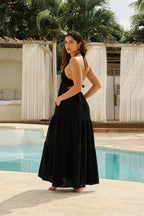 Halter Neck Ruched Bust Tiered Maxi Dress in Jet Black