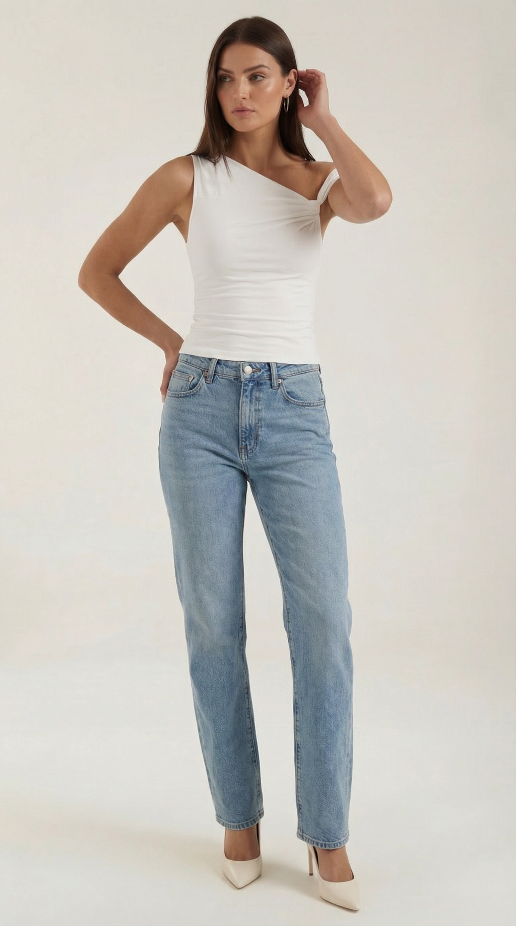 Carol One Shoulder Top — Women’s Asymmetrical Draped Sleeve Stretch Elegant Fitted Casual Evening Top