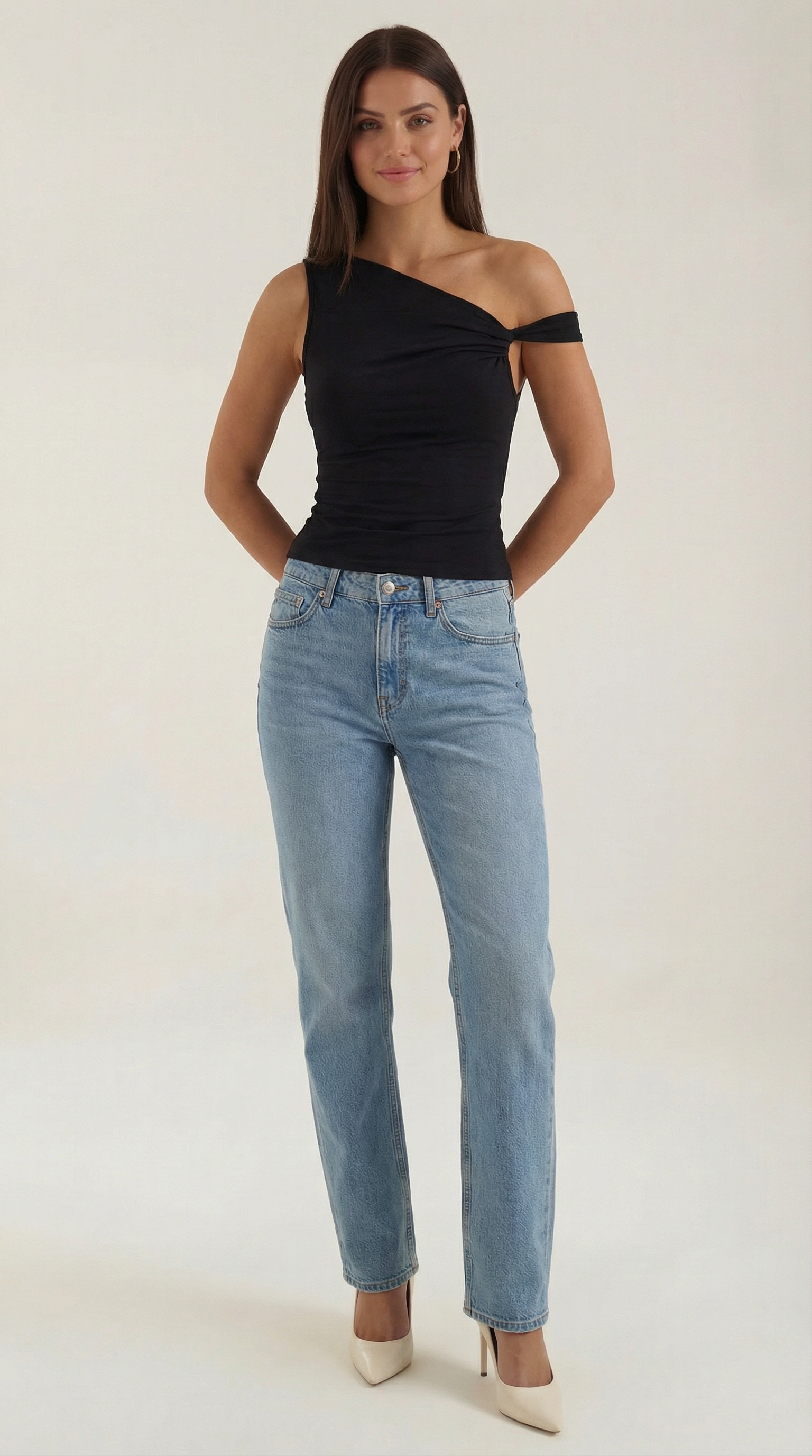 Carol One Shoulder Top — Women’s Asymmetrical Draped Sleeve Stretch Elegant Fitted Casual Evening Top