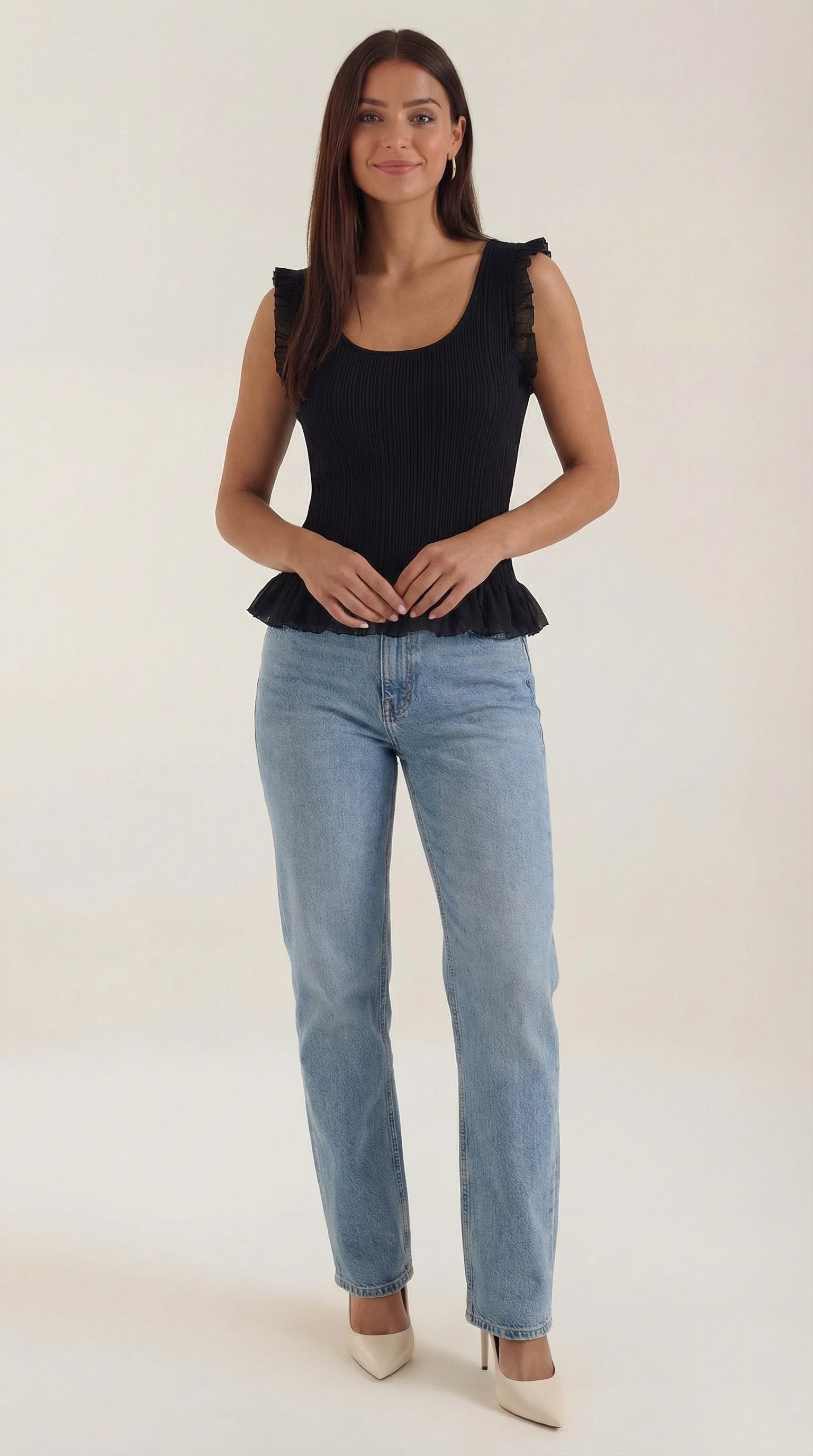 Carol Ribbed Knit Ruffle Top – Cute Stretch Everyday Feminine Knit Top