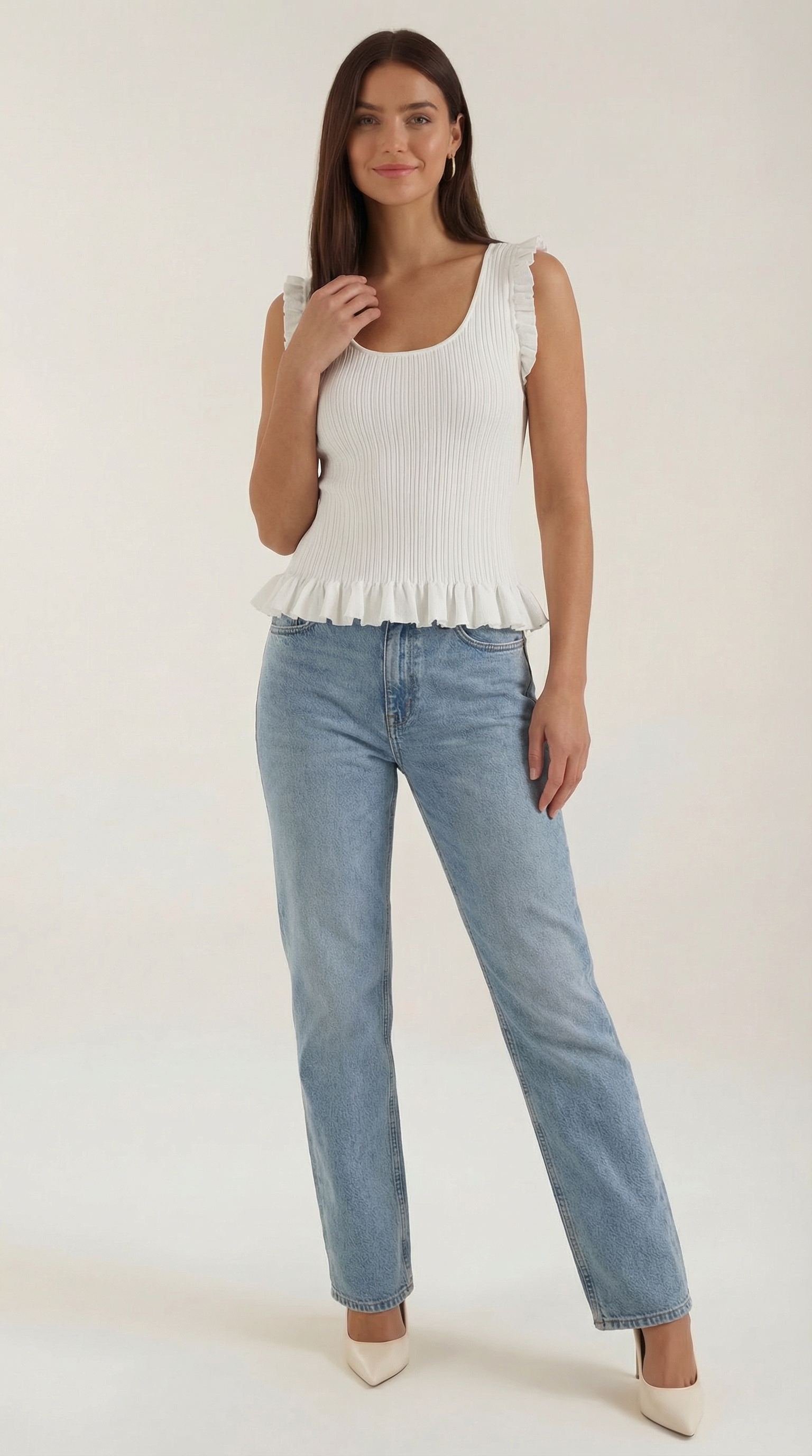 Carol Ribbed Knit Ruffle Top – Cute Stretch Everyday Feminine Knit Top