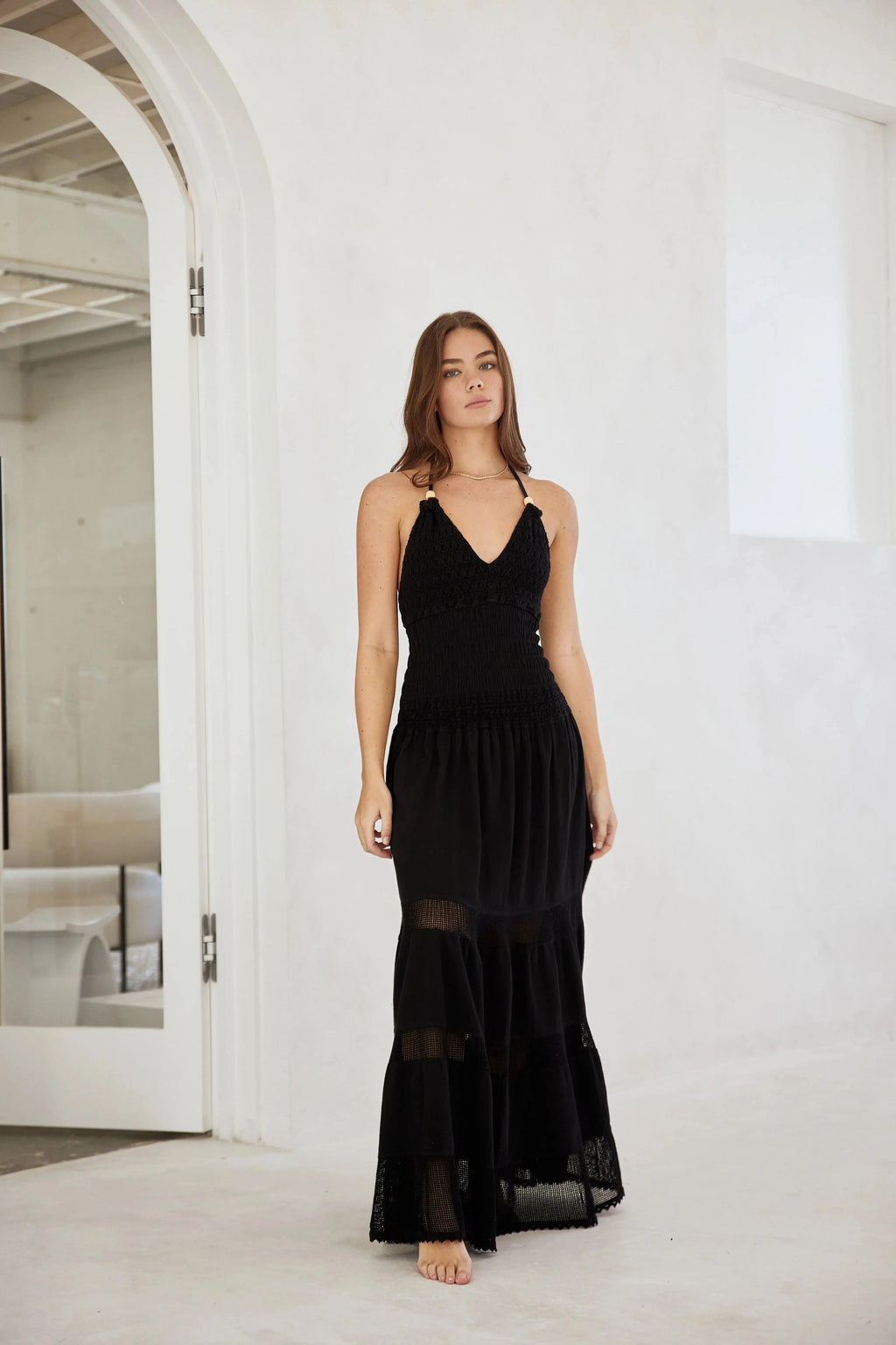 Smocked Bodice Lace Panel Spaghetti Strap Maxi Dress in Jet Black