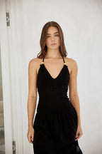 Smocked Bodice Lace Panel Spaghetti Strap Maxi Dress in Jet Black