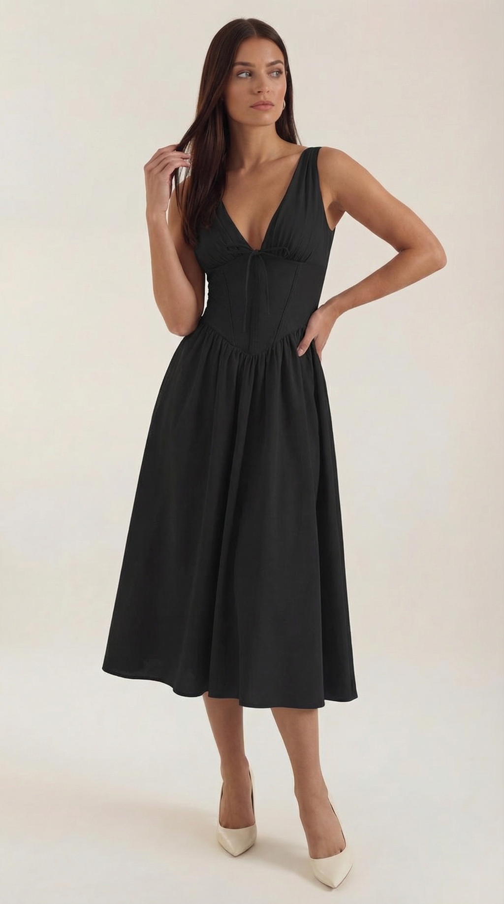 Daniela Midi Plunge Dress — Women’s Deep V Neck Twist Front Midi A-Line Elegant Wedding Guest Dress