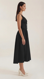Daniela Midi Plunge Dress — Women’s Deep V Neck Twist Front Midi A-Line Elegant Wedding Guest Dress