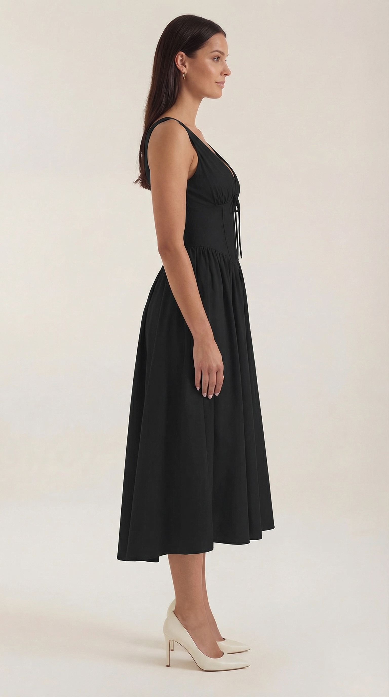 Daniela Midi Plunge Dress — Women’s Deep V Neck Twist Front Midi A-Line Elegant Wedding Guest Dress