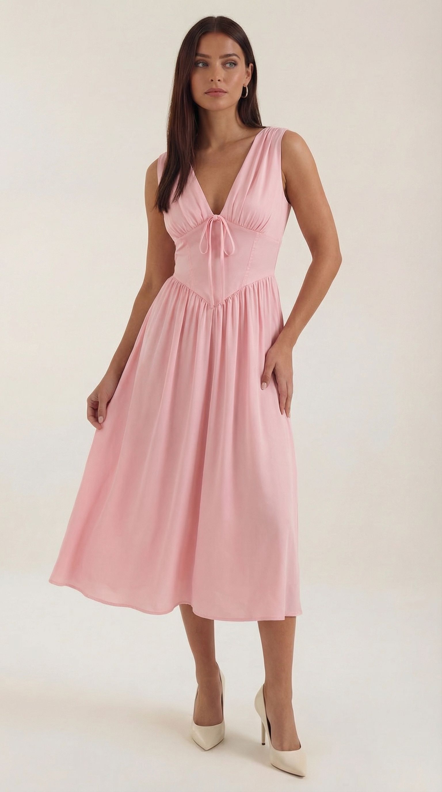 Daniela Midi Plunge Dress — Women’s Deep V Neck Twist Front Midi A-Line Elegant Wedding Guest Dress
