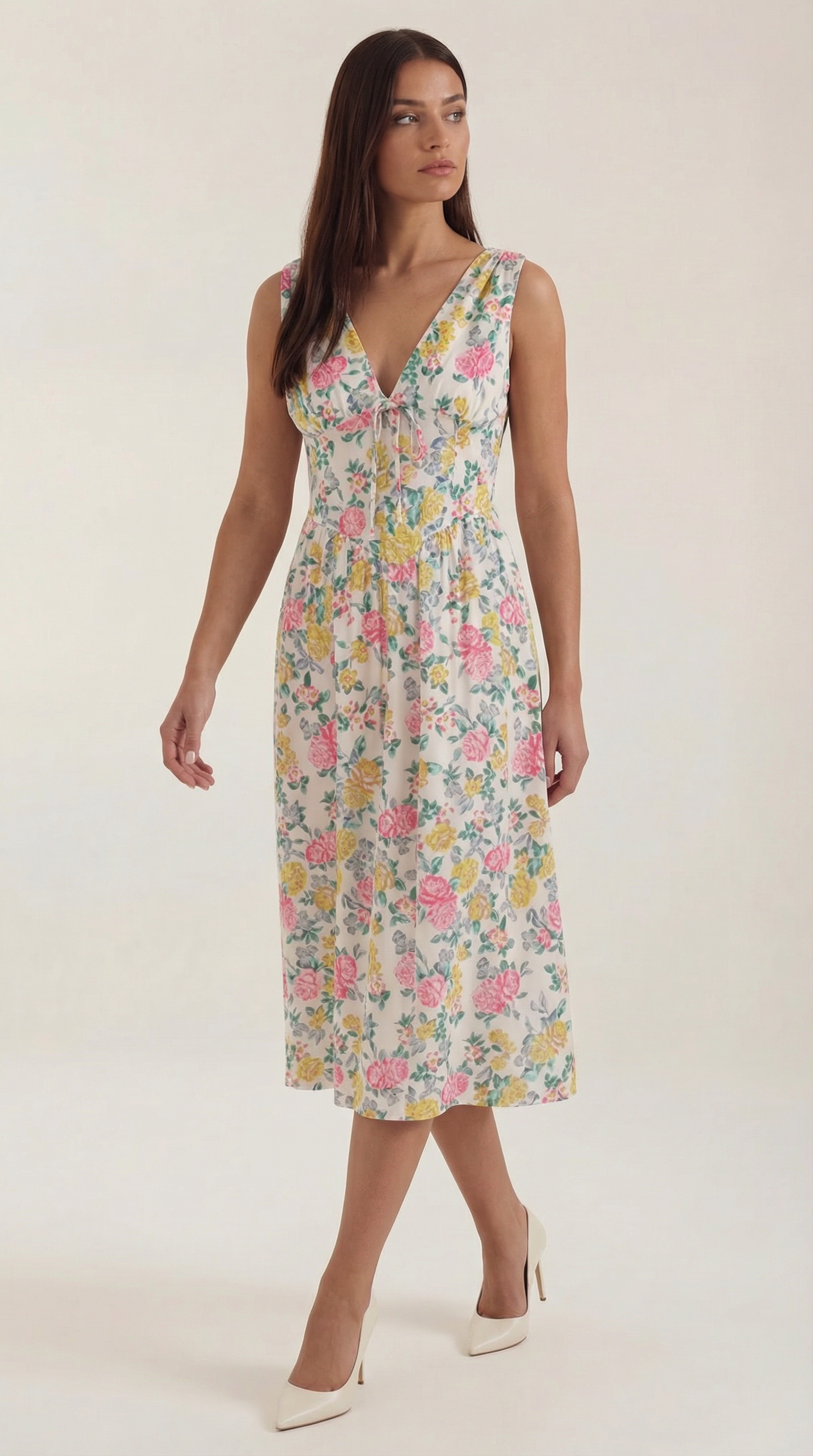 Daniela Midi Plunge Dress — Women’s Deep V Neck Twist Front Midi A-Line Elegant Wedding Guest Dress