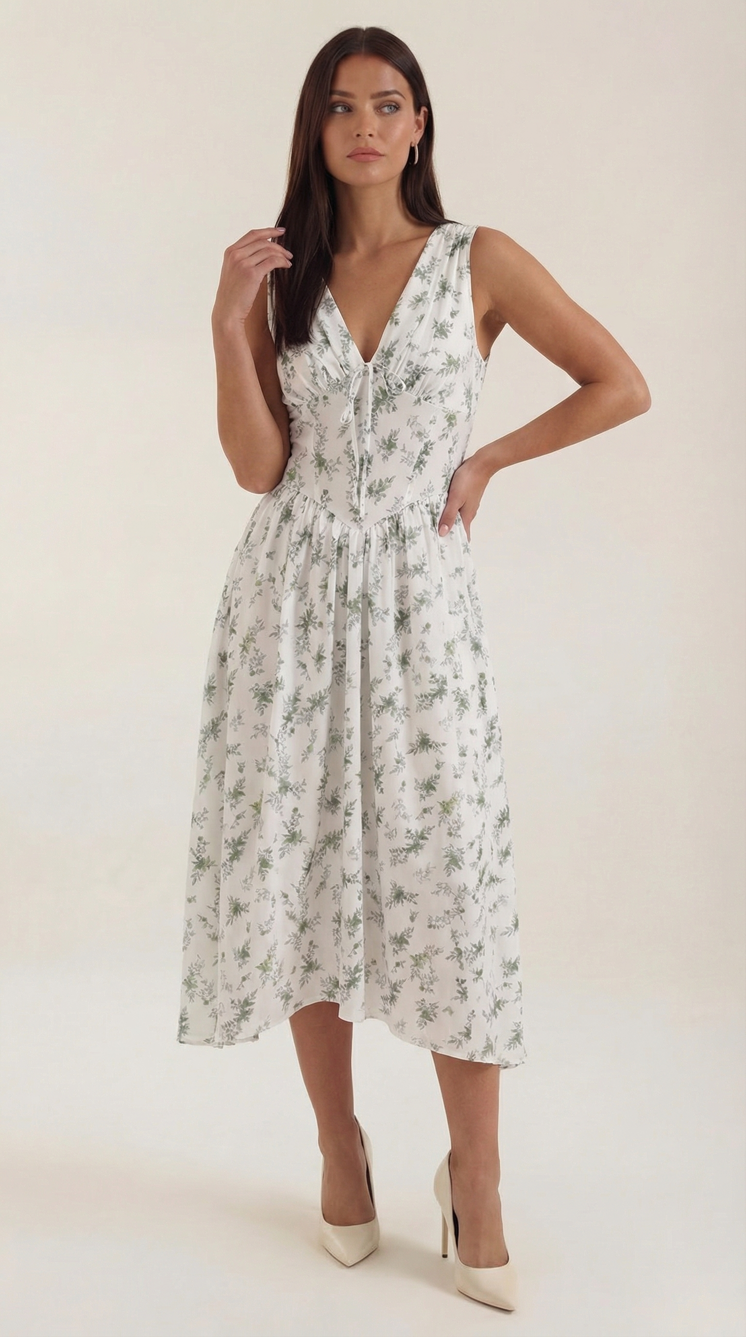 Daniela Midi Plunge Dress — Women’s Deep V Neck Twist Front Midi A-Line Elegant Wedding Guest Dress