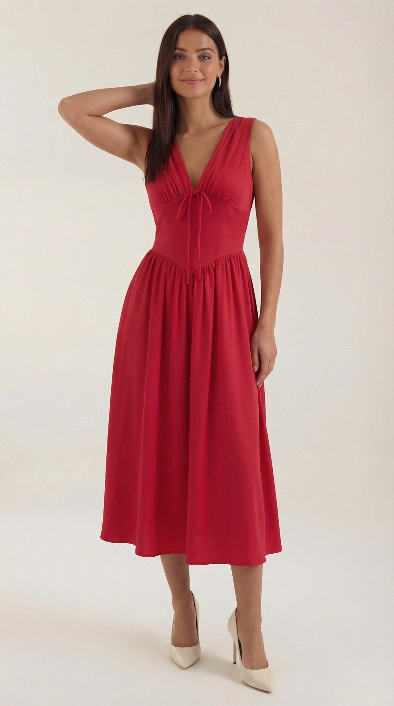 Daniela Midi Plunge Dress — Women’s Deep V Neck Twist Front Midi A-Line Elegant Wedding Guest Dress