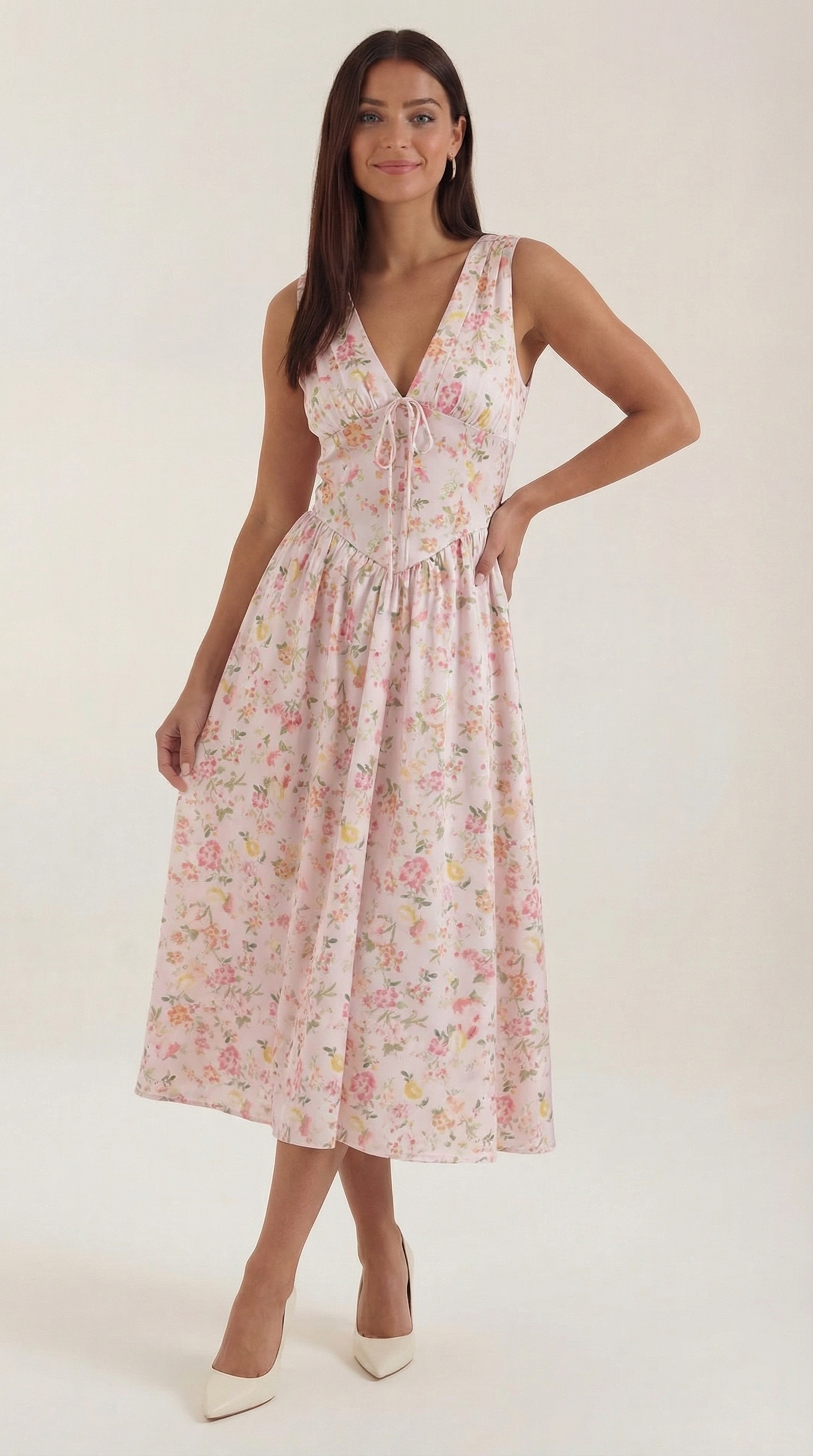 Daniela Midi Plunge Dress — Women’s Deep V Neck Twist Front Midi A-Line Elegant Wedding Guest Dress