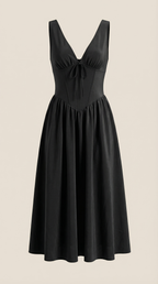 Daniela Midi Plunge Dress — Women’s Deep V Neck Twist Front Midi A-Line Elegant Wedding Guest Dress