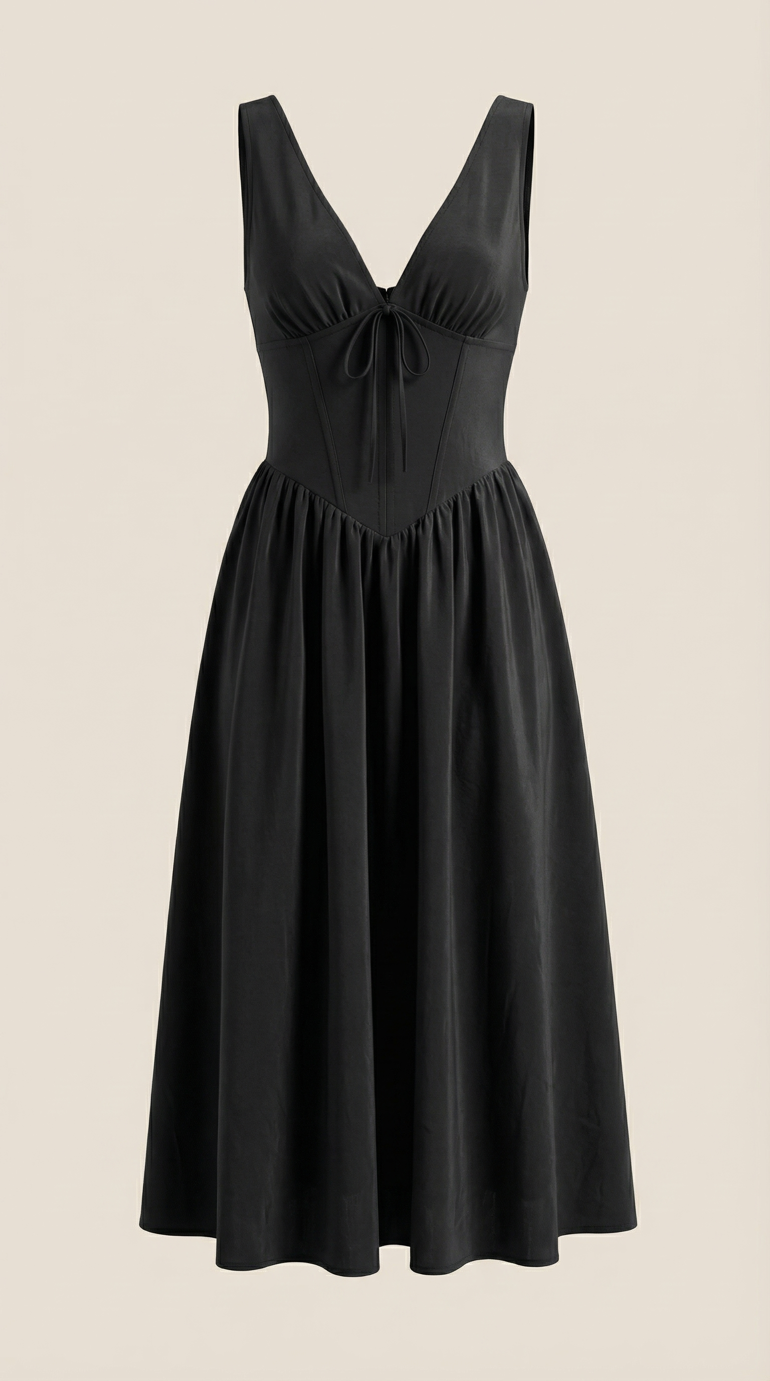 Daniela Midi Plunge Dress — Women’s Deep V Neck Twist Front Midi A-Line Elegant Wedding Guest Dress