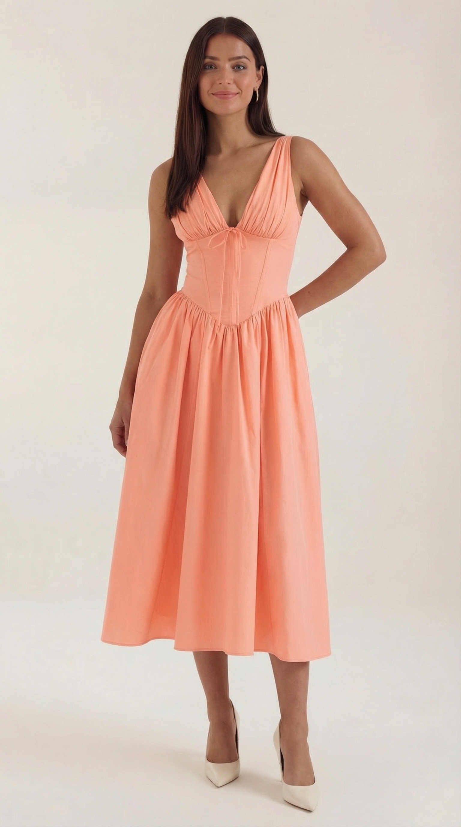 Daniela Midi Plunge Dress — Women’s Deep V Neck Twist Front Midi A-Line Elegant Wedding Guest Dress