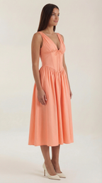 Daniela Midi Plunge Dress — Women’s Deep V Neck Twist Front Midi A-Line Elegant Wedding Guest Dress