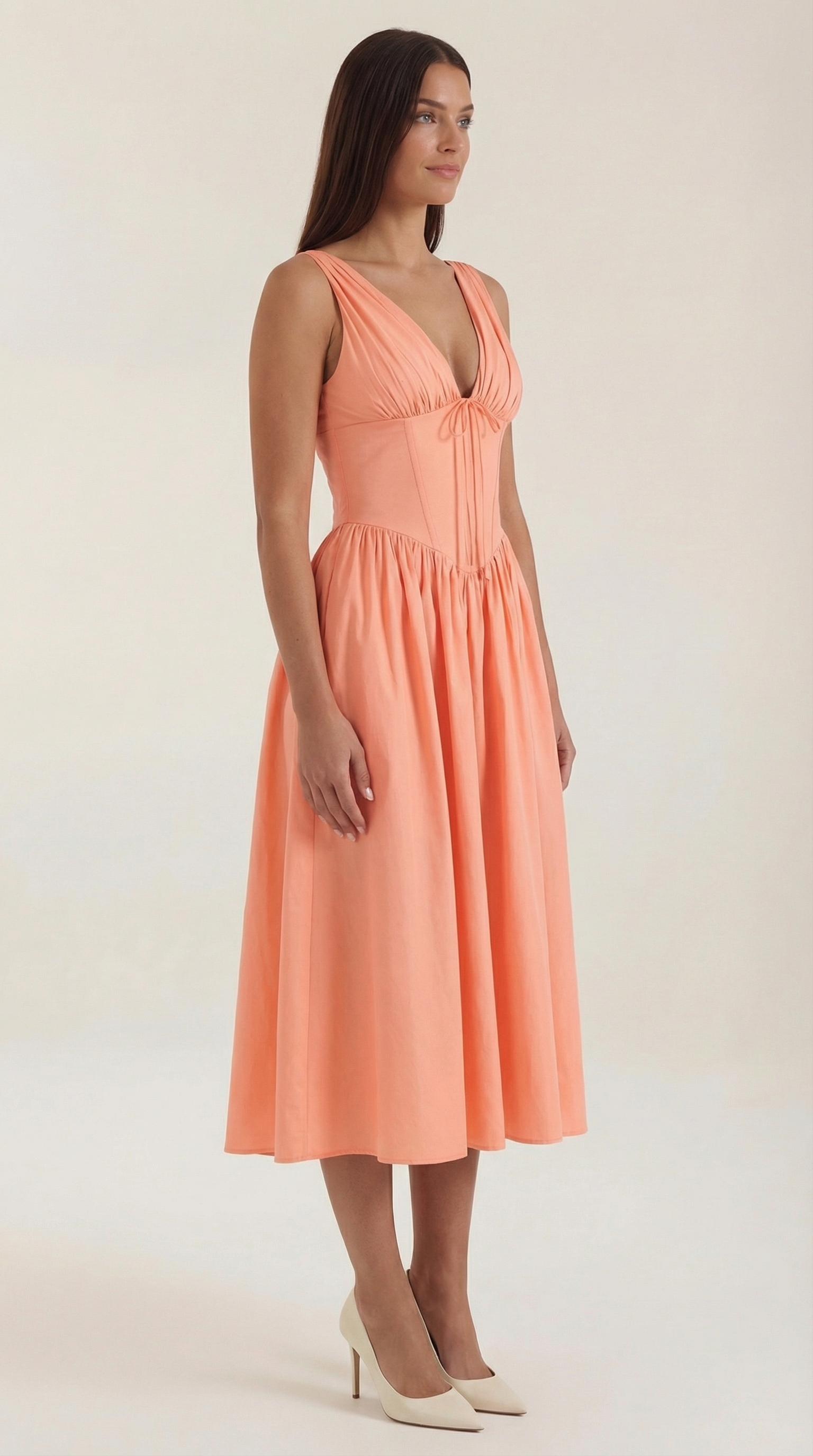 Daniela Midi Plunge Dress — Women’s Deep V Neck Twist Front Midi A-Line Elegant Wedding Guest Dress