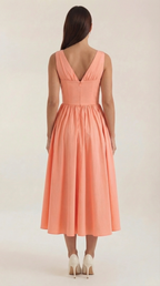 Daniela Midi Plunge Dress — Women’s Deep V Neck Twist Front Midi A-Line Elegant Wedding Guest Dress