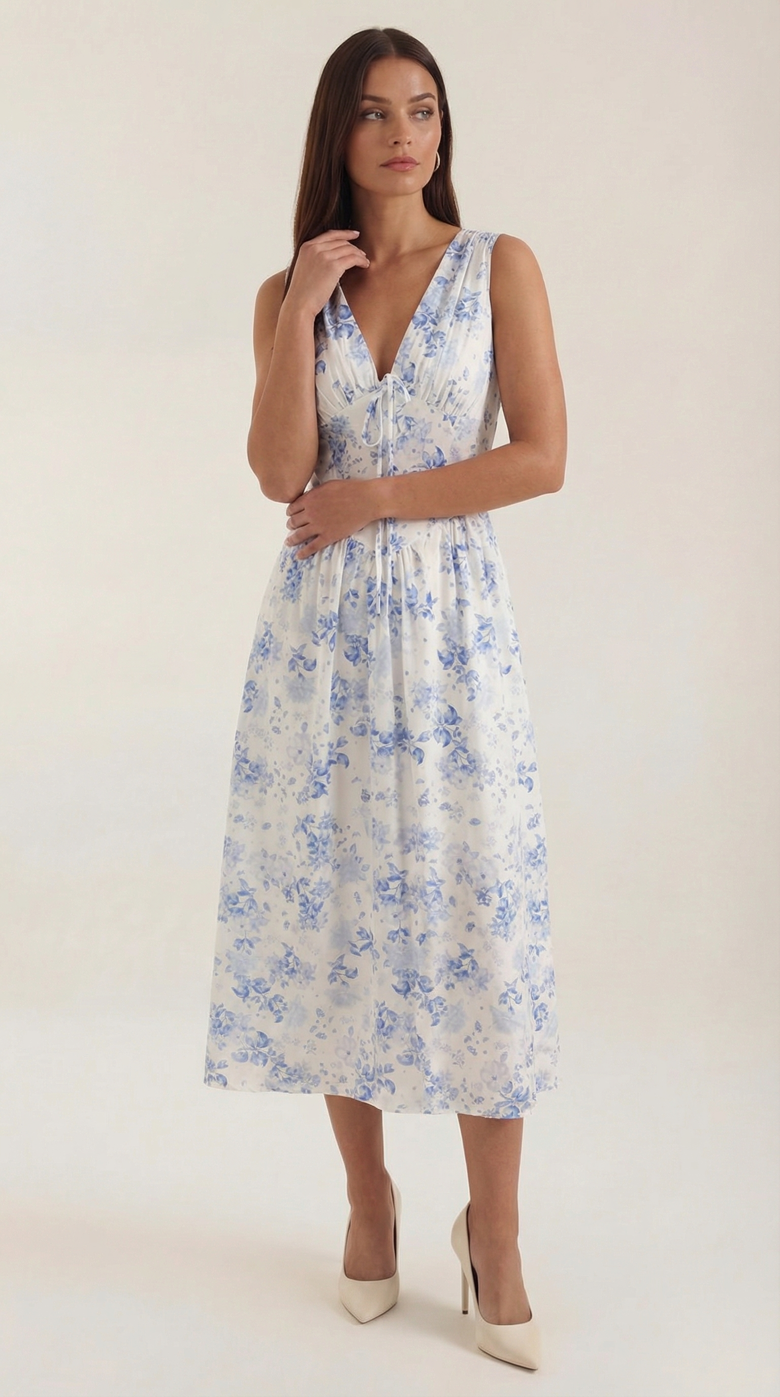 Daniela Midi Plunge Dress — Women’s Deep V Neck Twist Front Midi A-Line Elegant Wedding Guest Dress