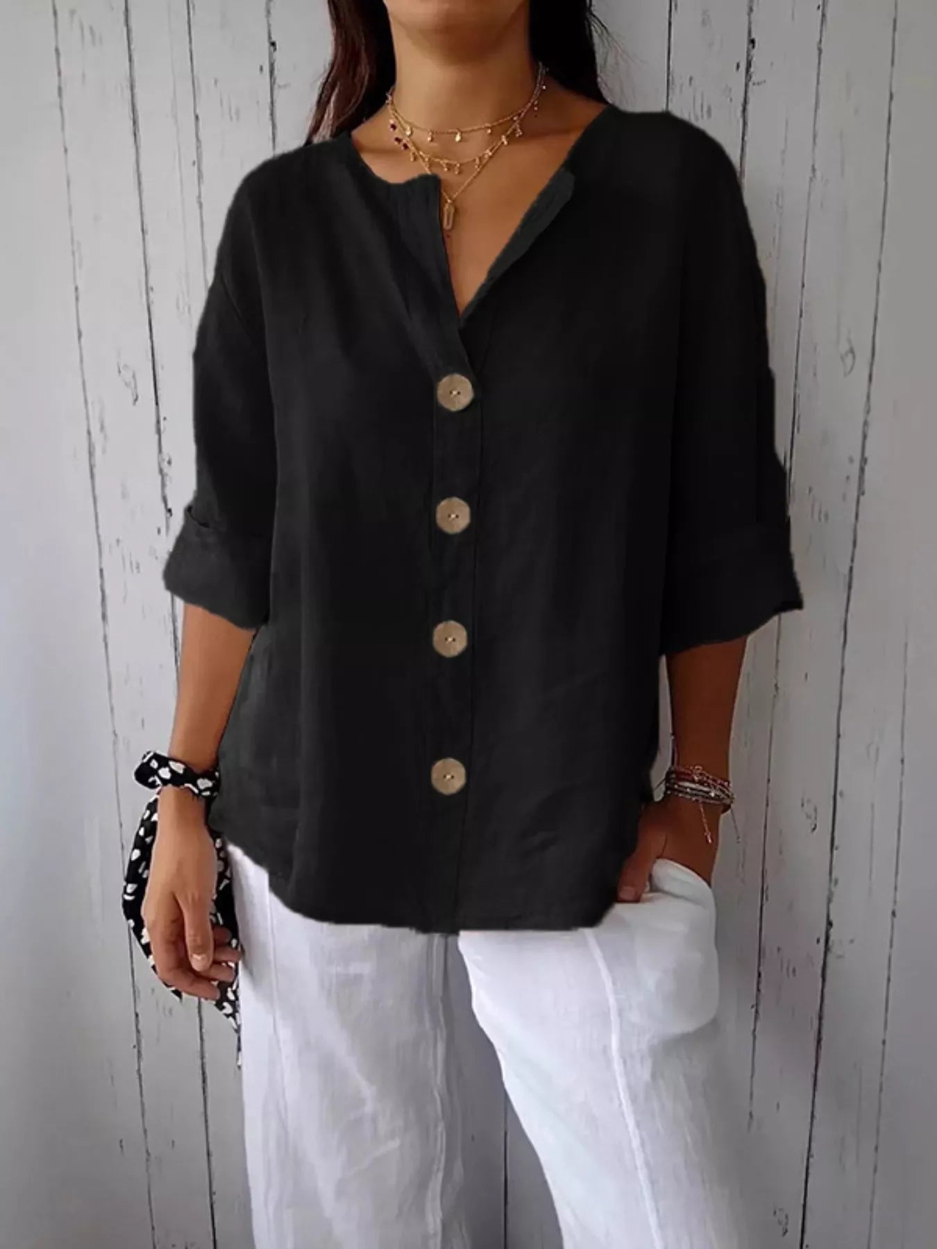 Women’s Buttoned Short Sleeve Top – Polyester Spandex Casual Everyday Blouse