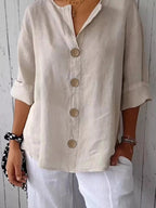 Women’s Buttoned Short Sleeve Top – Polyester Spandex Casual Everyday Blouse