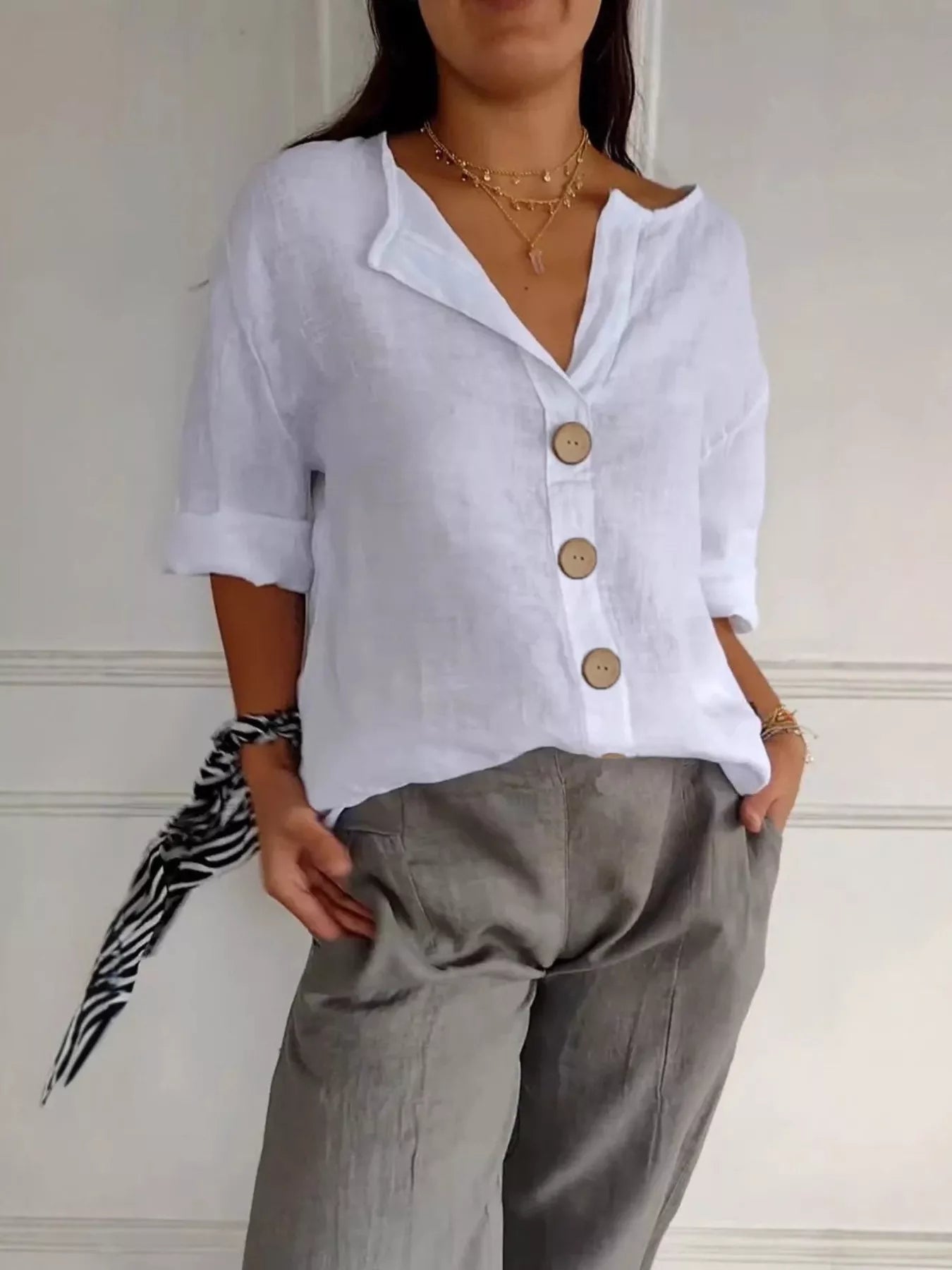 Women’s Buttoned Short Sleeve Top – Polyester Spandex Casual Everyday Blouse