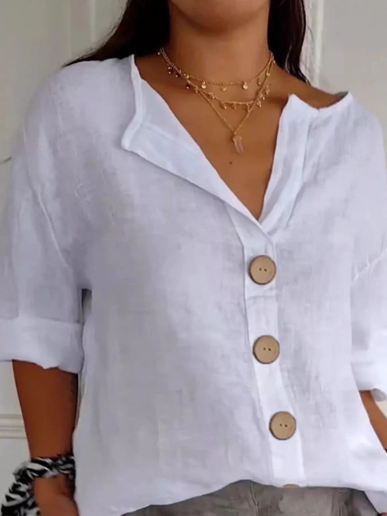 Women’s Buttoned Short Sleeve Top – Polyester Spandex Casual Everyday Blouse