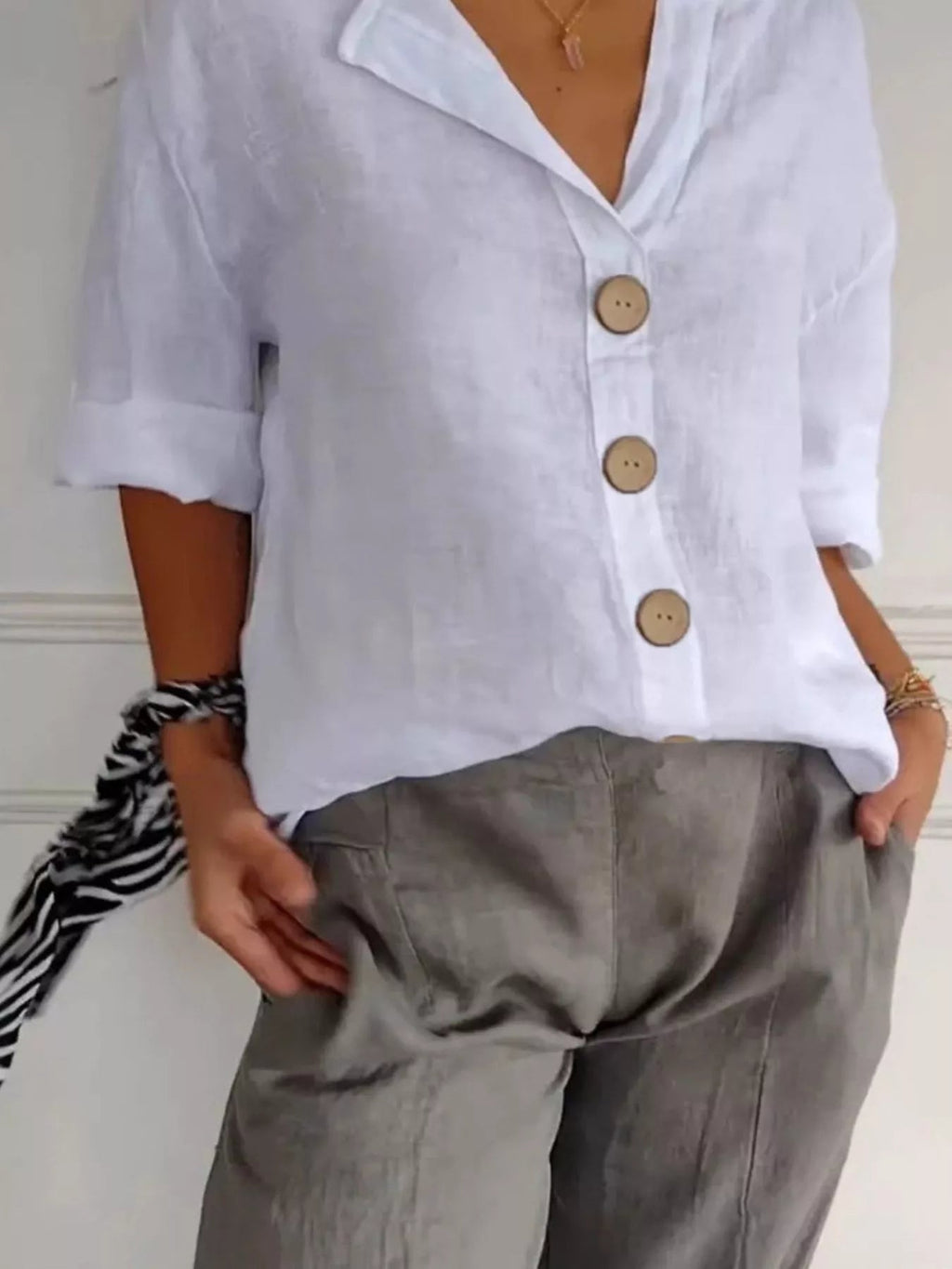 Women’s Buttoned Short Sleeve Top – Polyester Spandex Casual Everyday Blouse