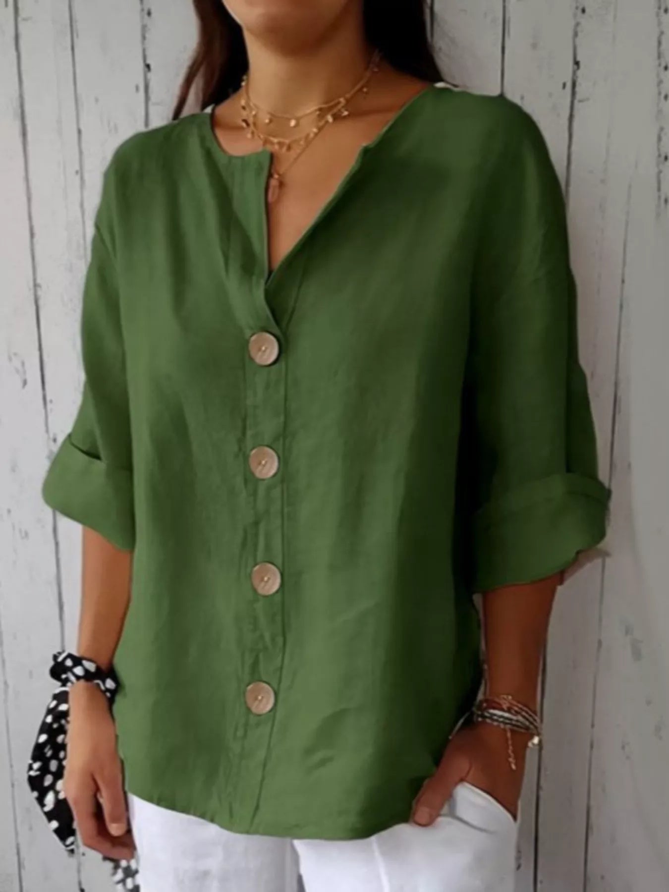 Women’s Buttoned Short Sleeve Top – Polyester Spandex Casual Everyday Blouse
