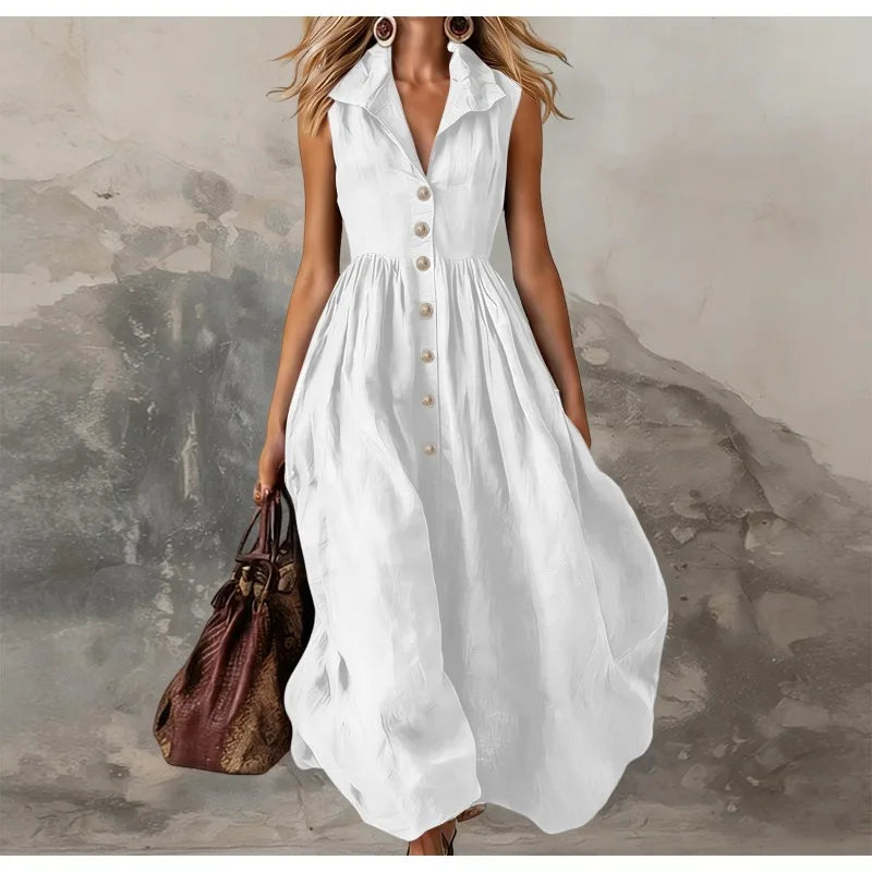 Women’s Sleeveless Lapel Button Maxi Dress – High-Waist Pleated White Dress