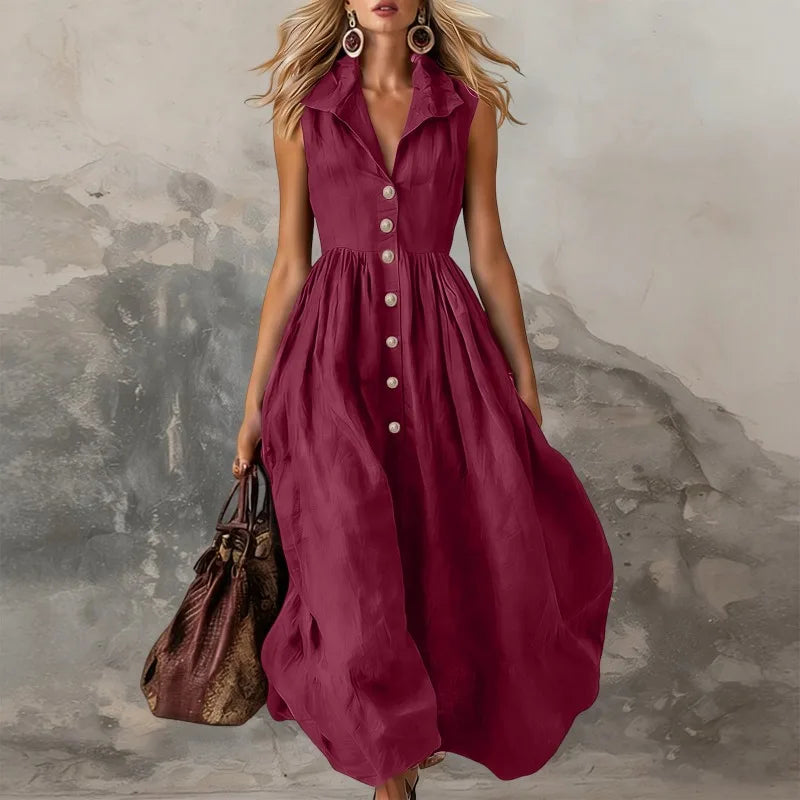 Women’s Sleeveless Lapel Button Maxi Dress – High-Waist Pleated White Dress