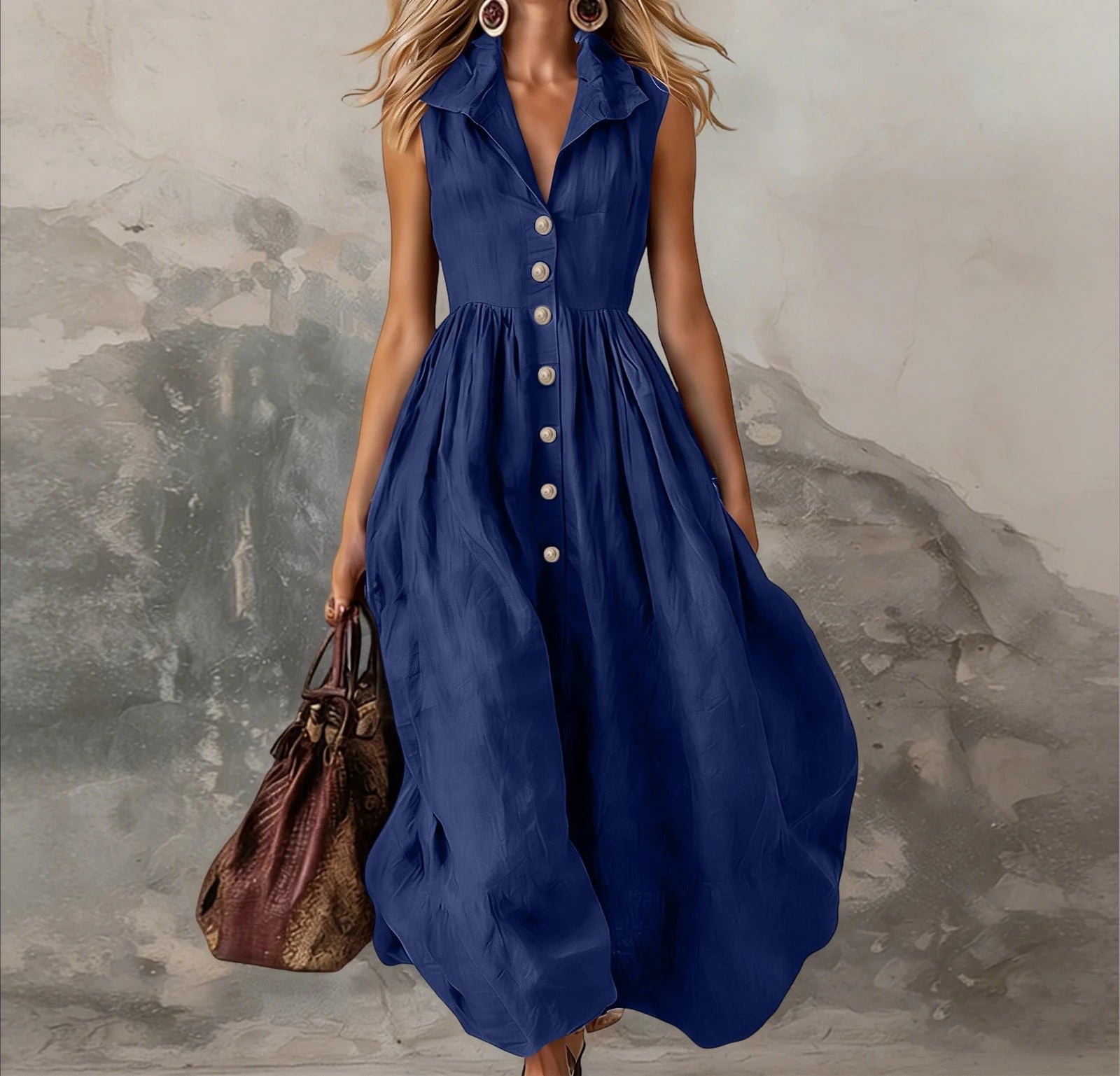 Women’s Sleeveless Lapel Button Maxi Dress – High-Waist Pleated White Dress